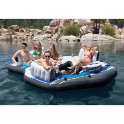 Intex Blue Tropic Inflatable Lake Or Swimming Pool Island Water Floating Lounger Raft With Backrests, Built-In Cooler, And 4 Cupholders