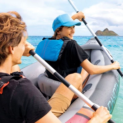 Intex Dakota K2 2 Person Inflatable Vinyl Kayak And Accessory Kit With 86 Inch Oars, Air Pump, And Carry Bag For Lakes And Rivers, Gray And Red