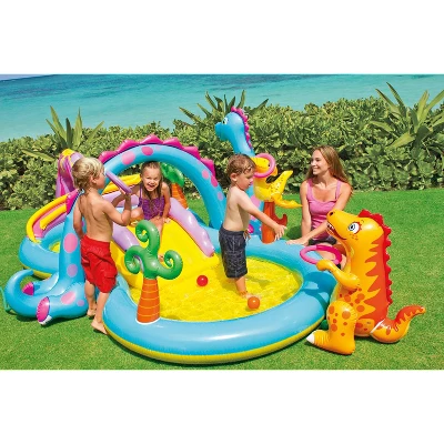 Intex Dinoland Play Center Kiddie Inflatable Pool And Dinosaur Water Splash Swimming Pool With Water Sprayers, Waterfalls, Slides, And Games - Image 4