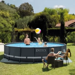 Intex Ultra XTR Frame 14'x42" Round Above Ground Outdoor Swimming Pool Set With Sand Filter Pump, Ground Cloth, Ladder, And Pool Cover