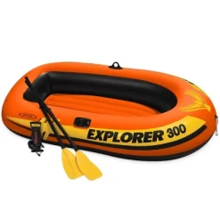 Intex Compact Inflatable Fishing 3 Person Raft With Pump & Oars & 1 Person Tube