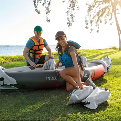 Intex Dakota K2 2 Person Inflatable Vinyl Kayak And Accessory Kit With 86 Inch Oars, Air Pump, And Carry Bag For Lakes And Rivers, Gray And Red - Image 2
