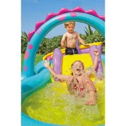Intex 11ft X 7.5ft X 44in Dinoland Inflatable Kiddie Swimming Pool With Slide, Dino Arch Water Sprayer And Games For Ages 2+