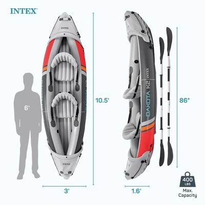 Intex Dakota K2 2 Person Inflatable Vinyl Kayak And Accessory Kit With 86 Inch Oars, Air Pump, And Carry Bag For Lakes And Rivers, Gray And Red - Image 4
