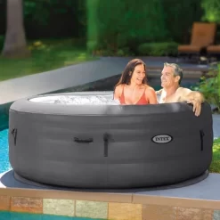 Intex Simple Spa 4 Person Outdoor Portable Inflatable Round Heated Hot Tub Spa With 100 Bubble Jets, Filter Pump And Cover, Gray