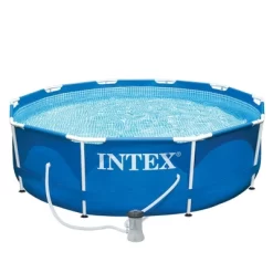 Intex Metal Frame 10' X 30" Above Ground Outdoor Swimming Pool Set With 330 GPH Filter Pump, Cartridge, And Protective Round Pool Cover
